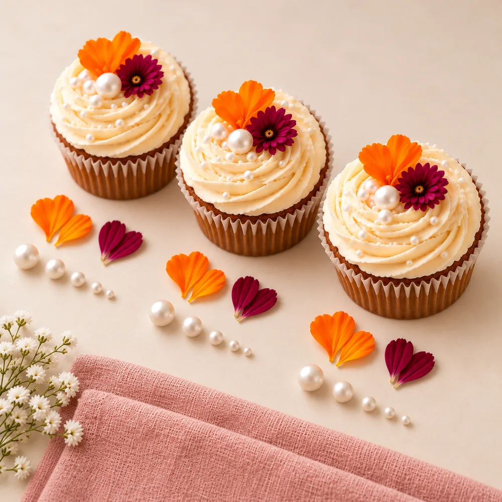 Cupcakes en diagonale entourés de pétales et de perles