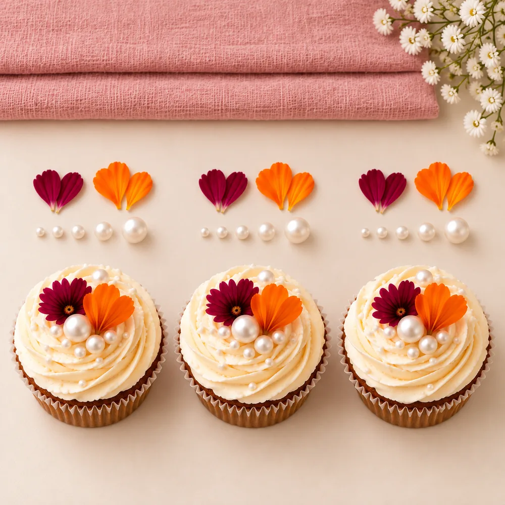 Mise en scène à plat : cupcakes, pétales, perles et lin rose