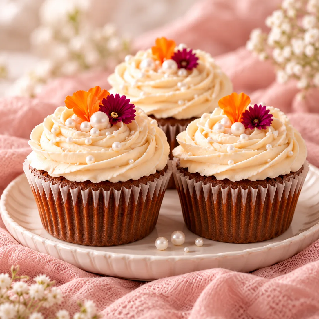 Tres cupcakes con crema, flores comestibles y perlas