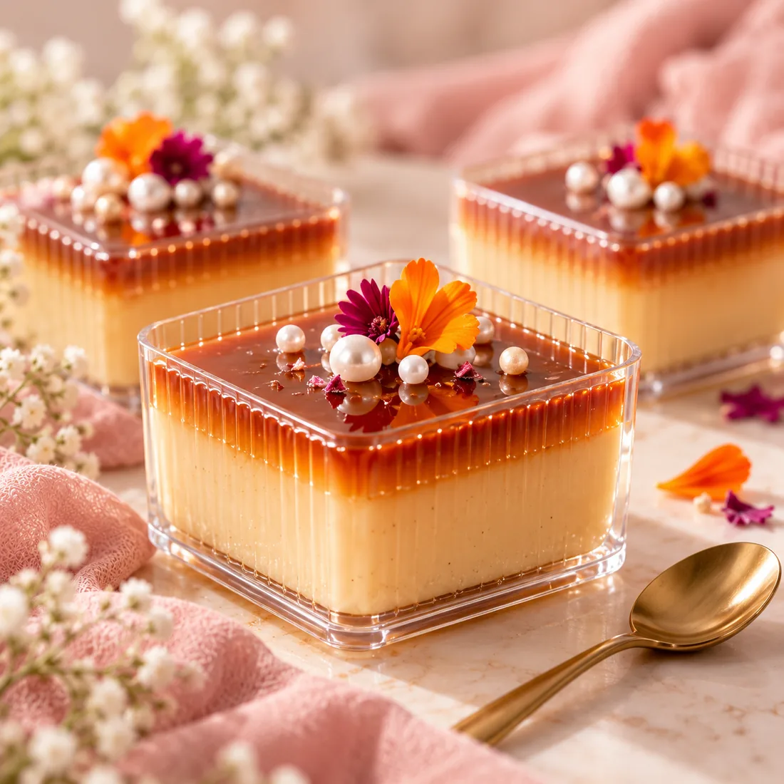 Postre de caramelo en envase individual con flores y perlas