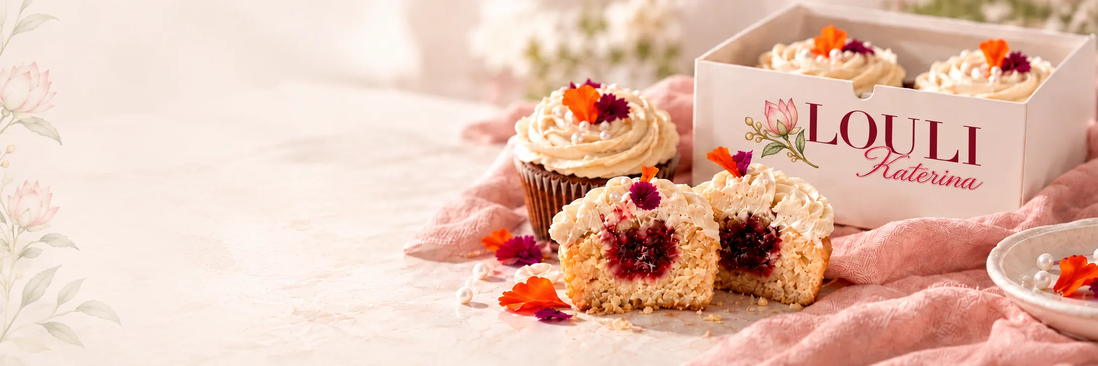 Cupcakes Louli fourrés aux fruits rouges près de leur boîte